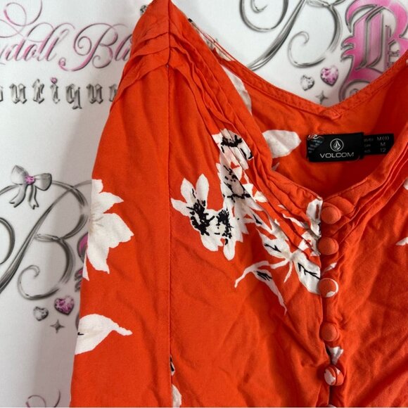 Volcom tank top buttons logo metal charm flowers Red Floral Camisole Top - Picture 6 of 10